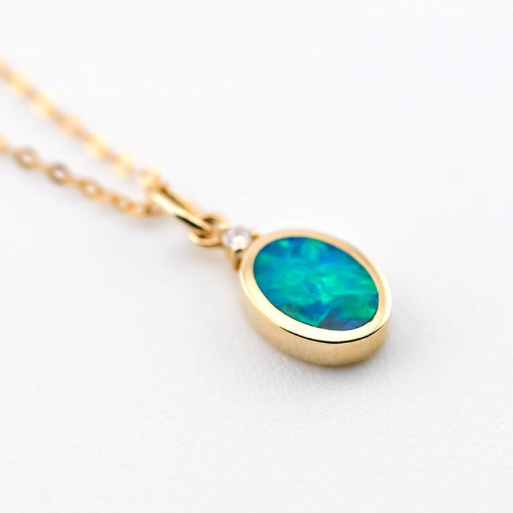 Minimalist Oval Doublet Opal & Diamond Necklace 14k Yellow Gold