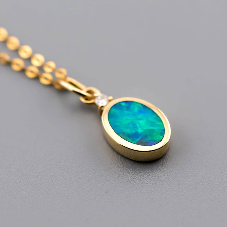 Minimalist Oval Doublet Opal & Diamond Necklace 14k Yellow Gold