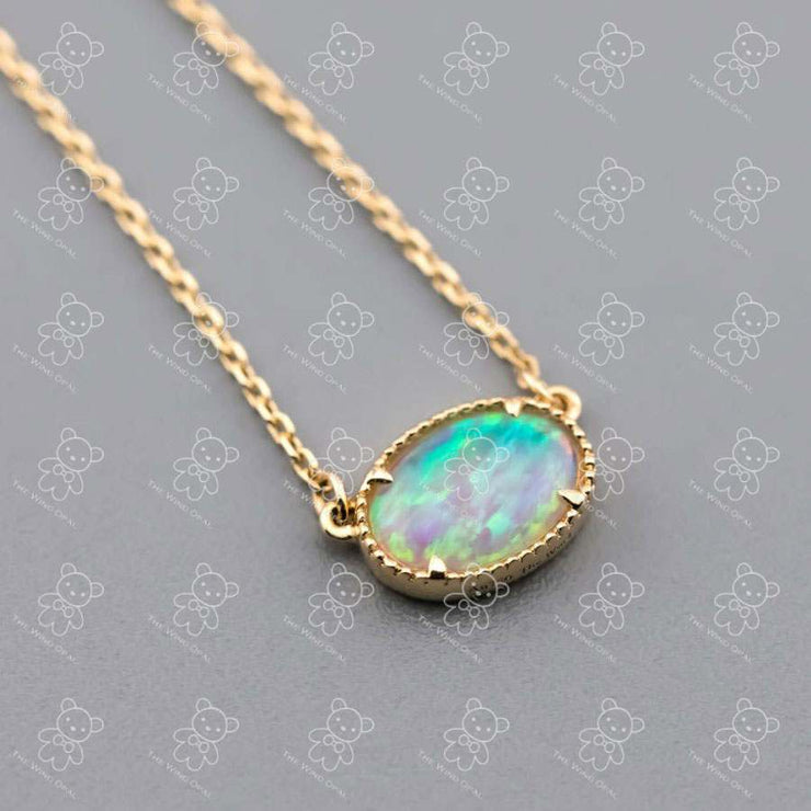 Minimalist Oval Shaped Australian Opal Necklace 18K Yellow Gold