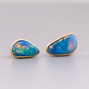 Minimalist Free Shaped Australian Doublet Opal Stud Earrings 18K Yellow Gold