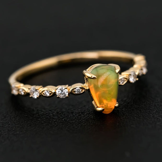 Minimalist Mexican Fire Opal Diamond Engagement Ring 18K Yellow Gold