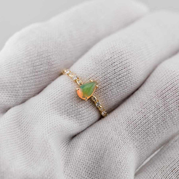 Minimalist Mexican Fire Opal Diamond Engagement Ring 18K Yellow Gold