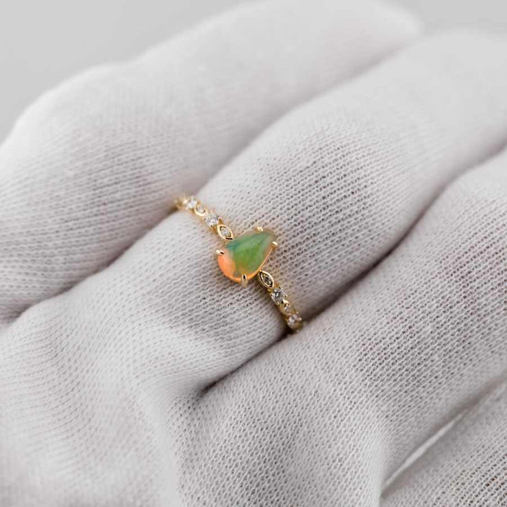 Minimalist Mexican Fire Opal Diamond Engagement Ring 18K Yellow Gold