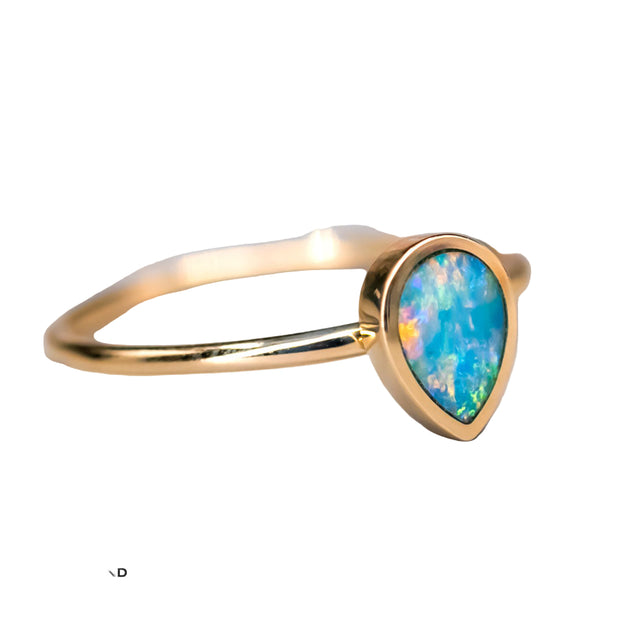 Geometric Pear Shaped Australian Doublet Opal Engagement Ring 14K Yellow Gold