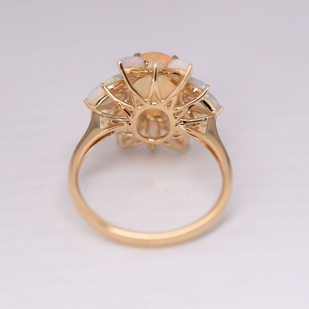 Unique Halo Design Mexican Fire Opal & Australian Opal Engagement Ring 18K Yellow Gold