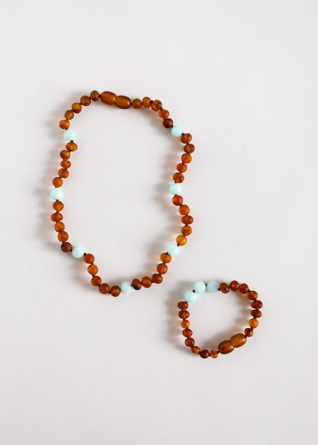 Raw Cognac Baltic Amber + Amazonite Halo || Kids Set