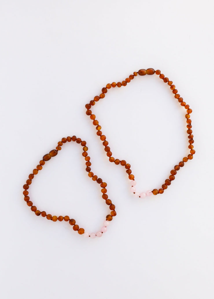 Raw Cognac Baltic Amber + Rose Quartz || Necklace Set