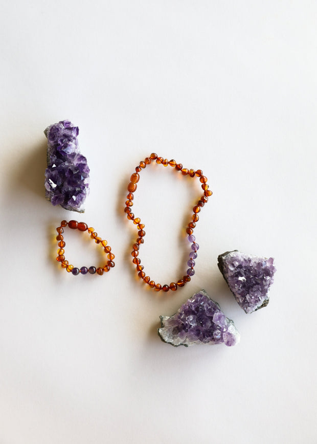 Polished Cognac Baltic Amber + Amethyst || Necklace