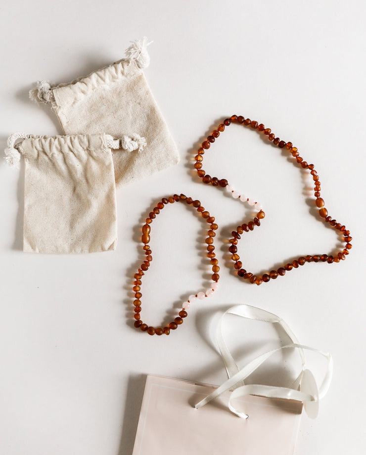 Raw Cognac Baltic Amber + Rose Quartz || Necklace Set