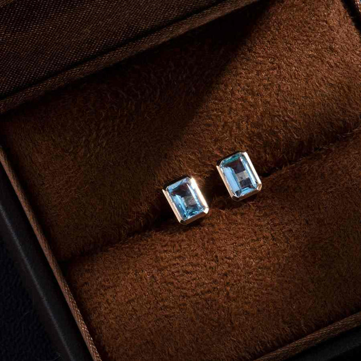 Blue Topaz Stud Earrings 14K Yellow Gold Emerald Cut