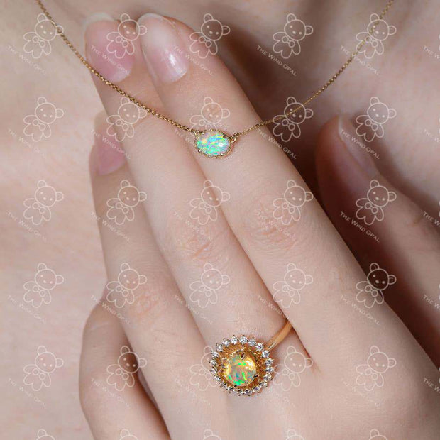 Minimalist Oval Shaped Australian Opal Necklace 18K Yellow Gold