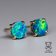 Australian Doublet Opal Round Stud Earrings 14K Yellow Gold