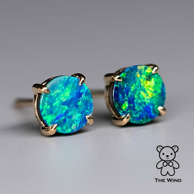 Australian Doublet Opal Round Stud Earrings 14K Yellow Gold
