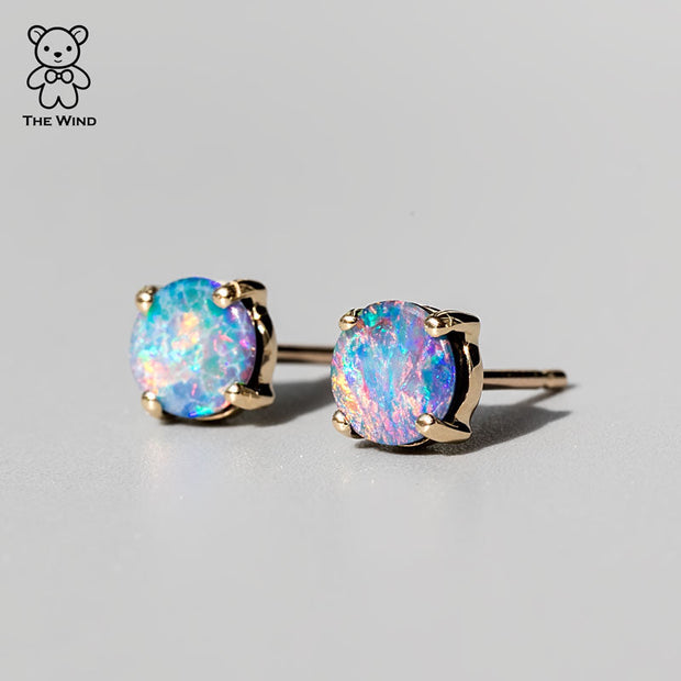 Australian Doublet Opal Round Stud Earrings 14K Yellow Gold