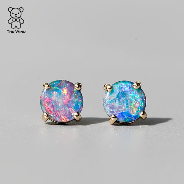 Australian Doublet Opal Round Stud Earrings 14K Yellow Gold