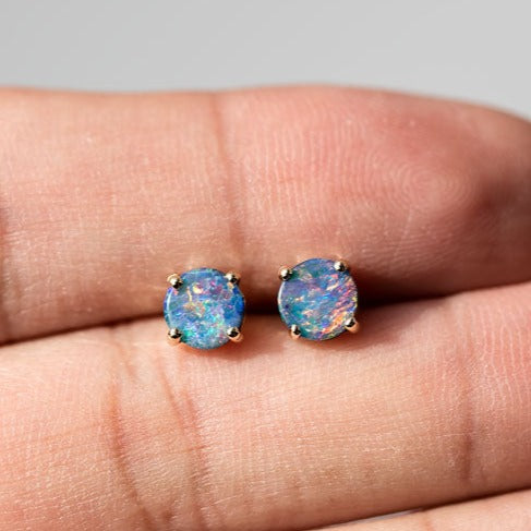 Australian Doublet Opal Round Stud Earrings 14K Yellow Gold