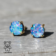 Australian Doublet Opal Round Stud Earrings 14K Yellow Gold