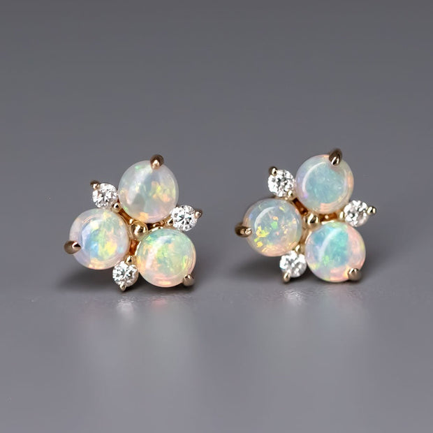 14K Yellow Gold Australian Solid Opal Diamond Trio Stud Earrings
