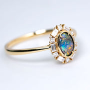 Baguette Halo Diamond Boulder Opal Engagement Ring 18K Yellow Gold