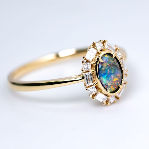 Baguette Halo Diamond Boulder Opal Engagement Ring 18K Yellow Gold