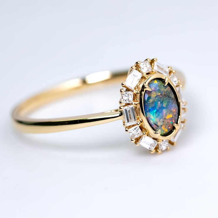 Baguette Halo Diamond Boulder Opal Engagement Ring 18K Yellow Gold