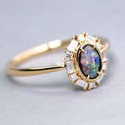 Baguette Halo Diamond Boulder Opal Engagement Ring 18K Yellow Gold