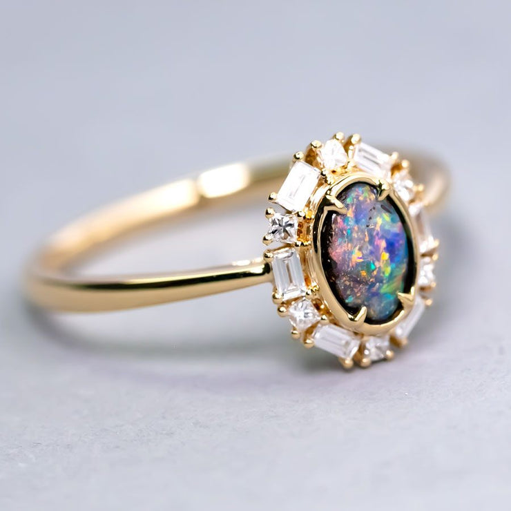 Baguette Halo Diamond Boulder Opal Engagement Ring 18K Yellow Gold