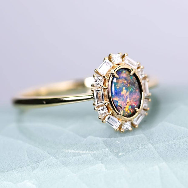Baguette Halo Diamond Boulder Opal Engagement Ring 18K Yellow Gold
