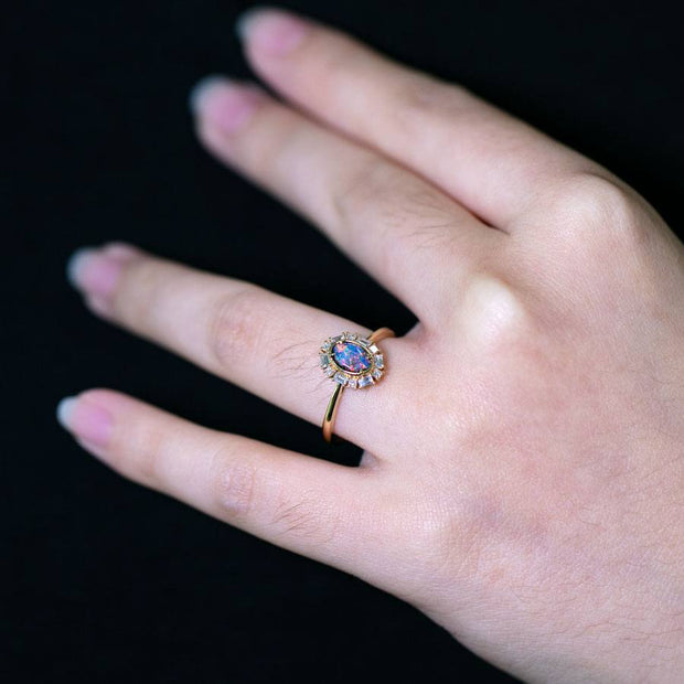Baguette Halo Diamond Boulder Opal Engagement Ring 18K Yellow Gold