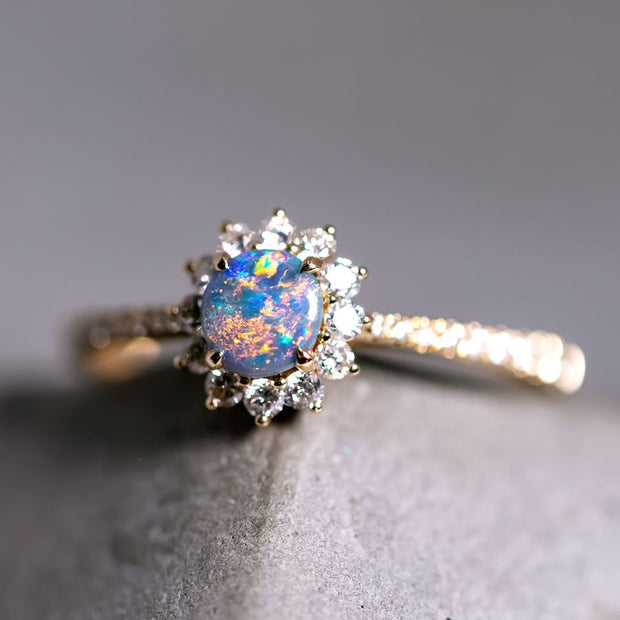 Adorable Black Opal Halo Diamond Engagement Ring 18K Yellow Gold