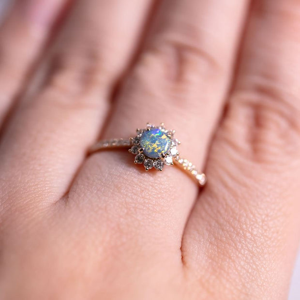 Adorable Black Opal Halo Diamond Engagement Ring 18K Yellow Gold