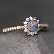 Adorable Black Opal Halo Diamond Engagement Ring 18K Yellow Gold