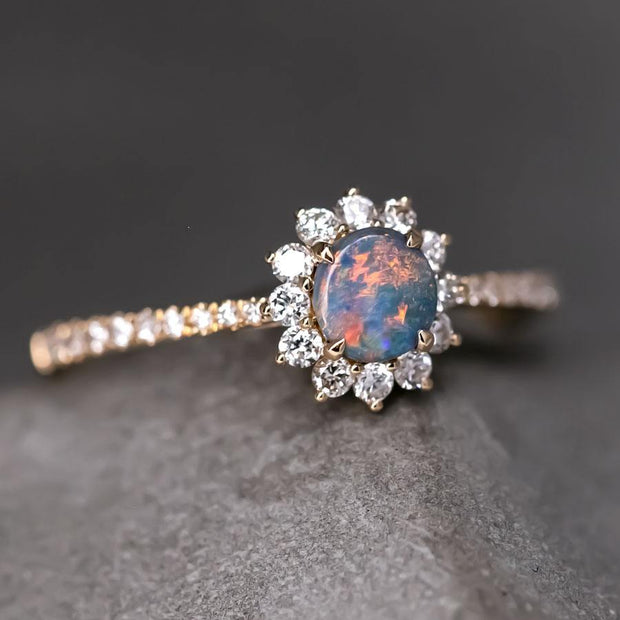 Adorable Black Opal Halo Diamond Engagement Ring 18K Yellow Gold