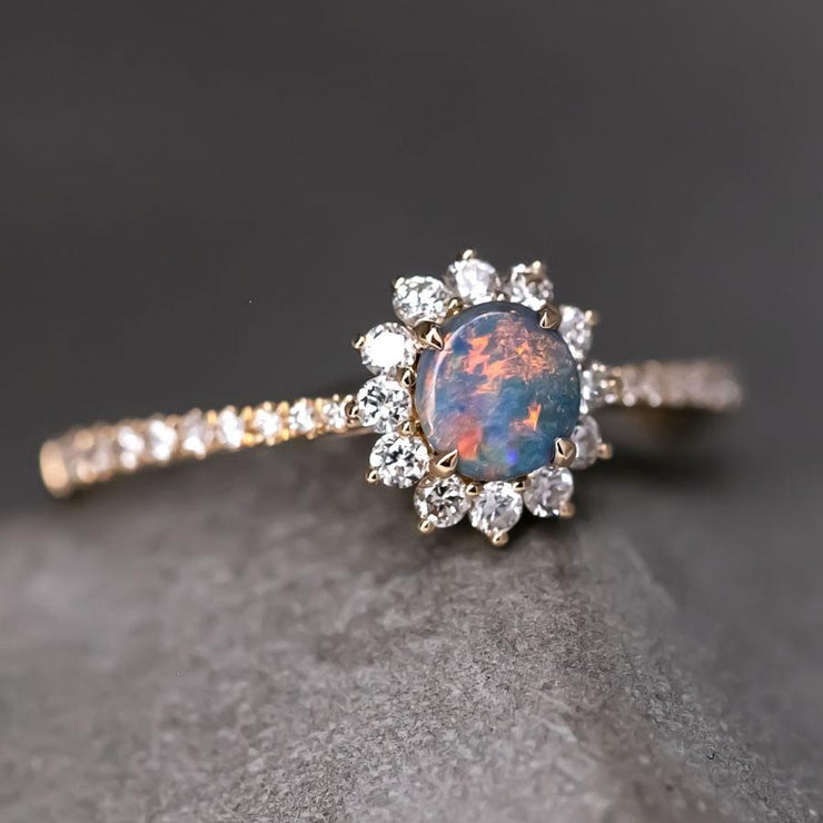 Adorable Black Opal Halo Diamond Engagement Ring 18K Yellow Gold