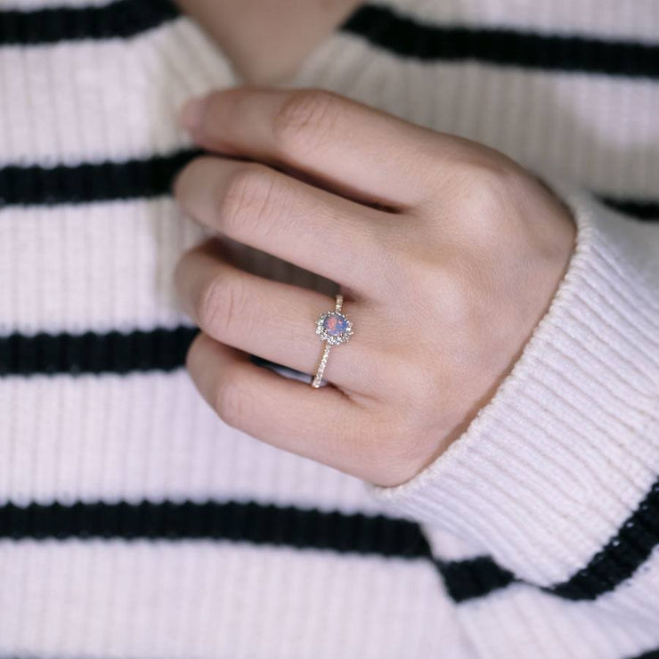 Adorable Black Opal Halo Diamond Engagement Ring 18K Yellow Gold