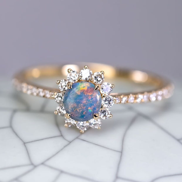Adorable Black Opal Halo Diamond Engagement Ring 18K Yellow Gold