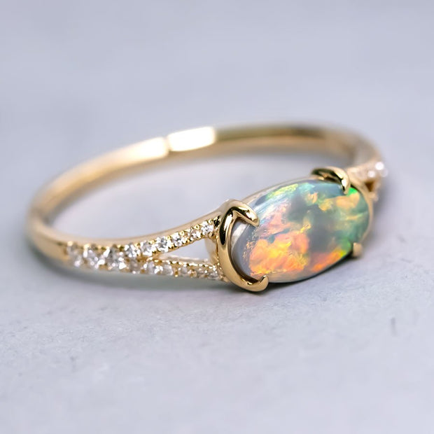 Black Opal Split Shank Engagement Ring with Pave Setting 18K Yellow Gold
