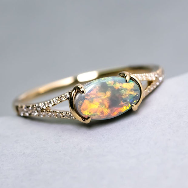 Black Opal Split Shank Engagement Ring with Pave Setting 18K Yellow Gold