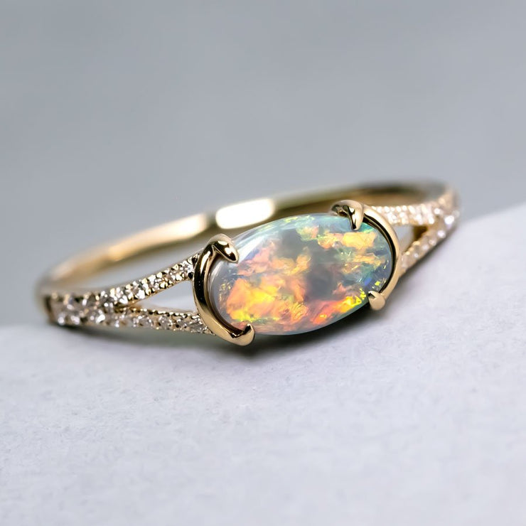 Black Opal Split Shank Engagement Ring with Pave Setting 18K Yellow Gold