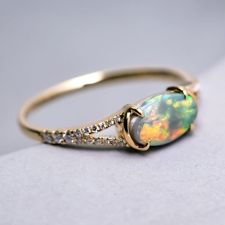 Black Opal Split Shank Engagement Ring with Pave Setting 18K Yellow Gold