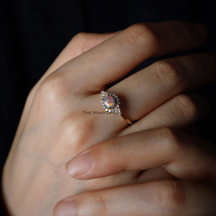 Black Opal and Diamond Halo Engagement Ring 18K Yellow Gold