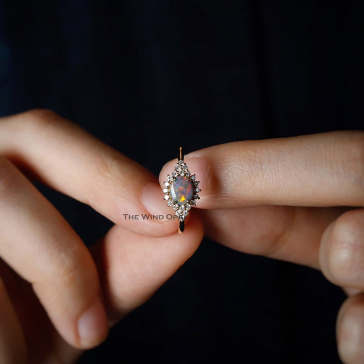 Black Opal and Diamond Halo Engagement Ring 18K Yellow Gold