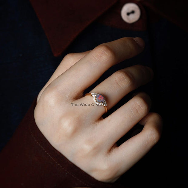 Black Opal and Diamond Halo Engagement Ring 18K Yellow Gold