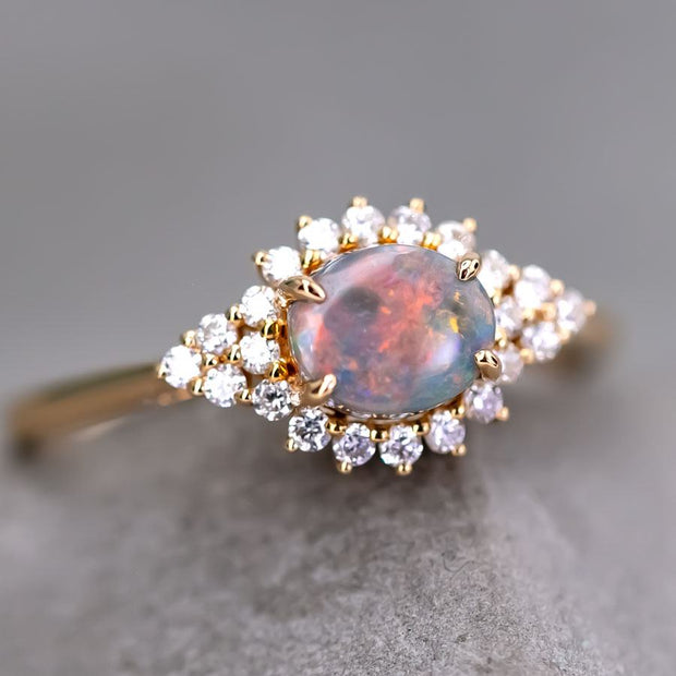Black Opal and Diamond Halo Engagement Ring 18K Yellow Gold