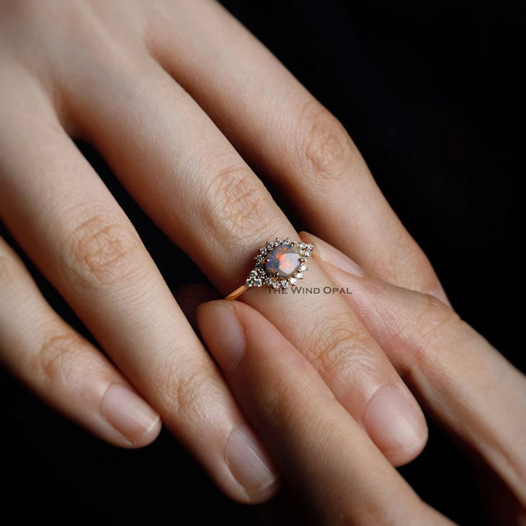 Black Opal and Diamond Halo Engagement Ring 18K Yellow Gold