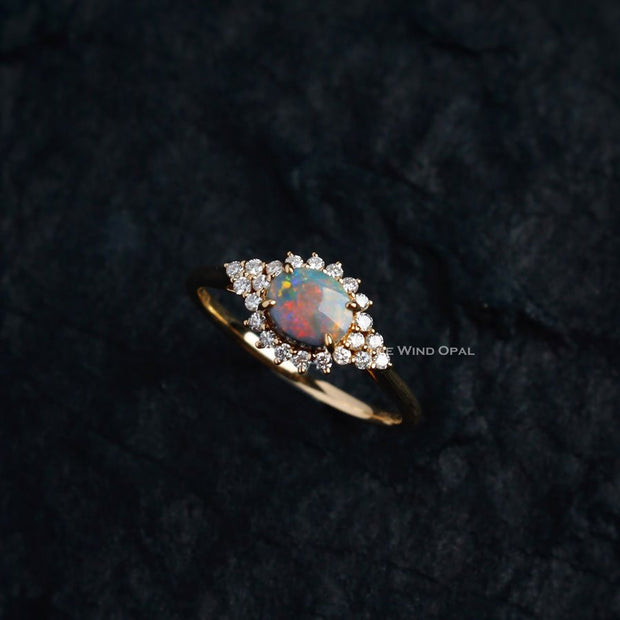 Black Opal and Diamond Halo Engagement Ring 18K Yellow Gold