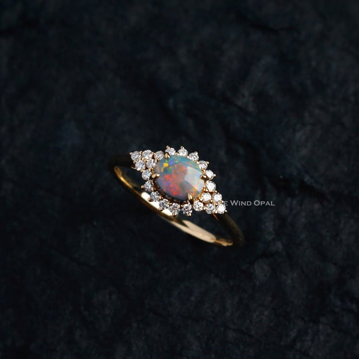 Black Opal and Diamond Halo Engagement Ring 18K Yellow Gold