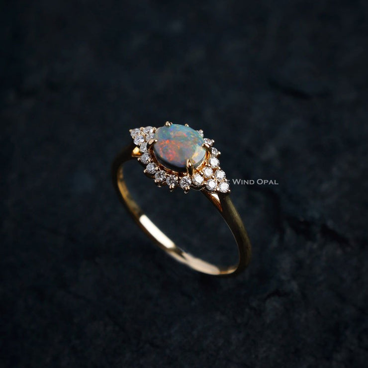 Black Opal and Diamond Halo Engagement Ring 18K Yellow Gold