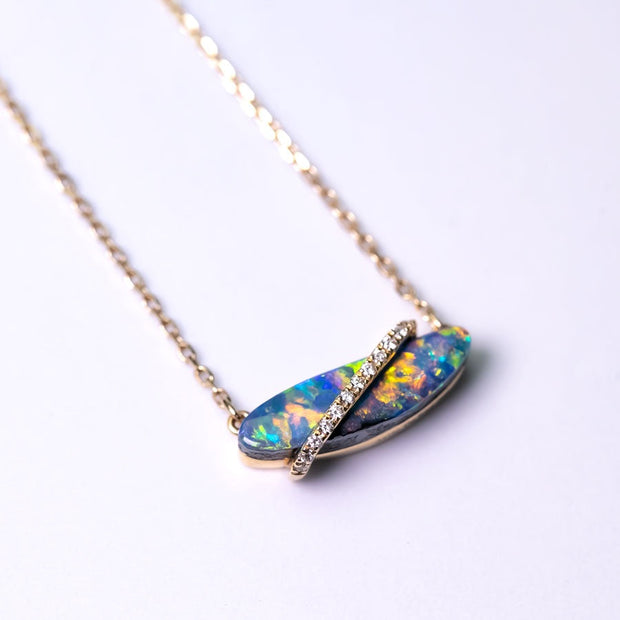 One-of-a-Kind Australian Boulder Opal & Diamond Necklace 18K Yellow Gold