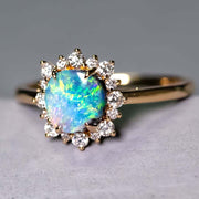 Bright Boulder Opal Halo Diamond Engagement Ring 18K Yellow Gold
